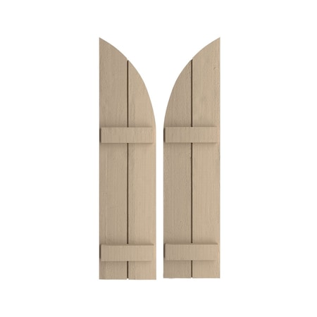 Rough Cedar 2 Board Joined Board-n-Batten W/Quarter Round Arch Top Faux Wood Shutters, 11W X 52H